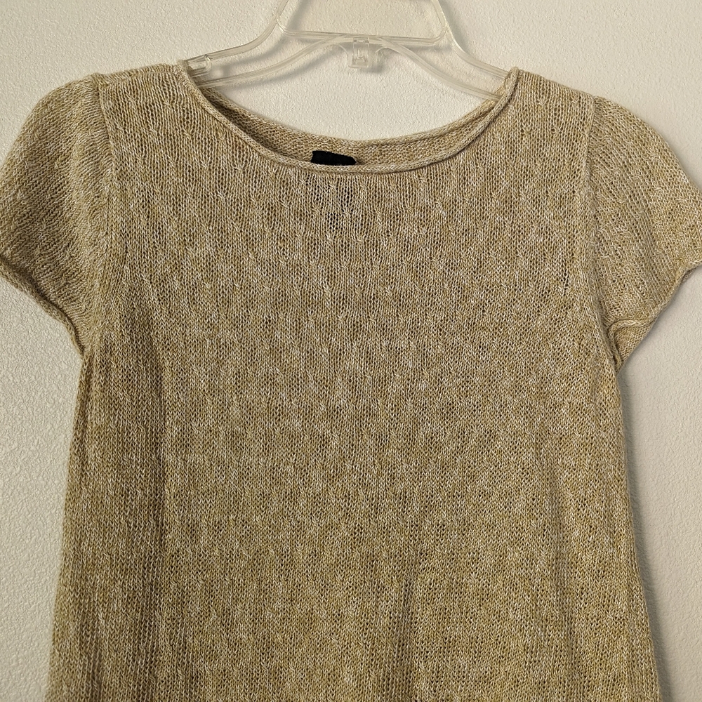 Eileen Fisher Linen Yellow/Tan Open Knit Capped Sleeve T- Shirt Top Size PS - Picture 2 of 11